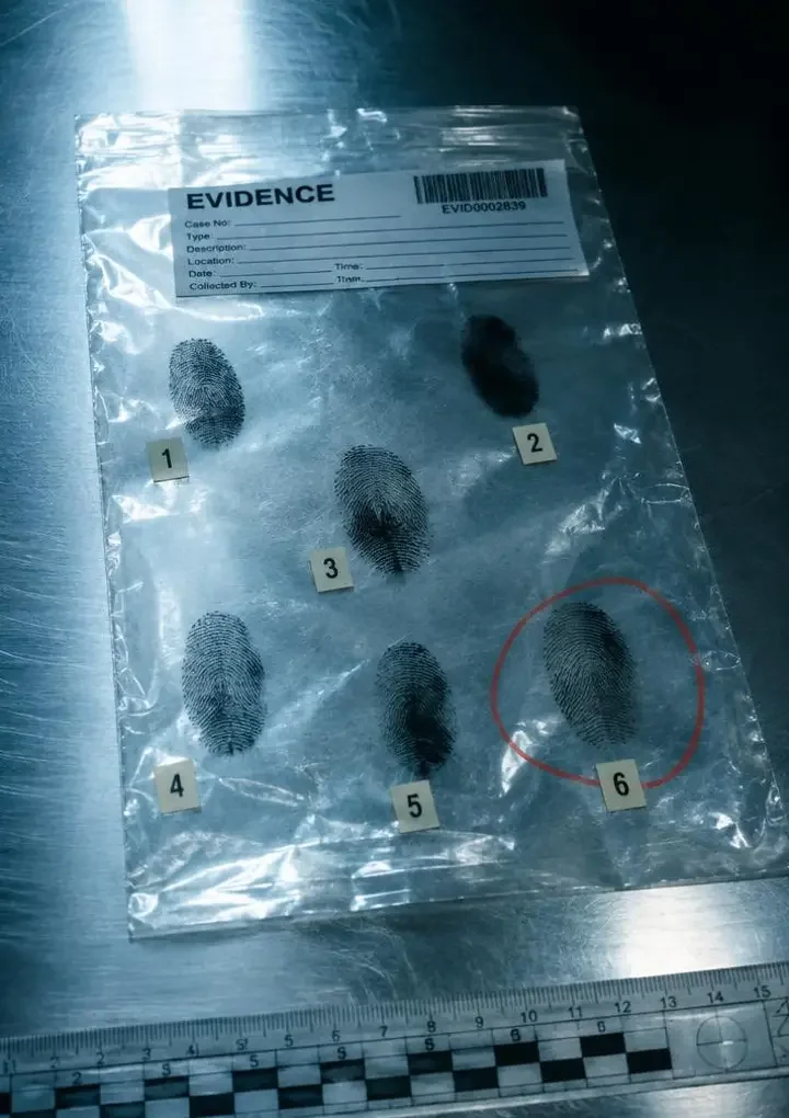 证物袋上六个指印，其中一枚被朱砂色圈出